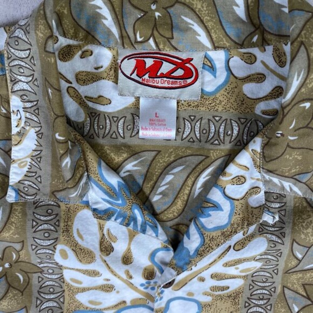 Malibu Dreams Mens Hawaiian Shirt L Cotton Floral Olive/Blue Short Sleeve - Picture 3 of 8